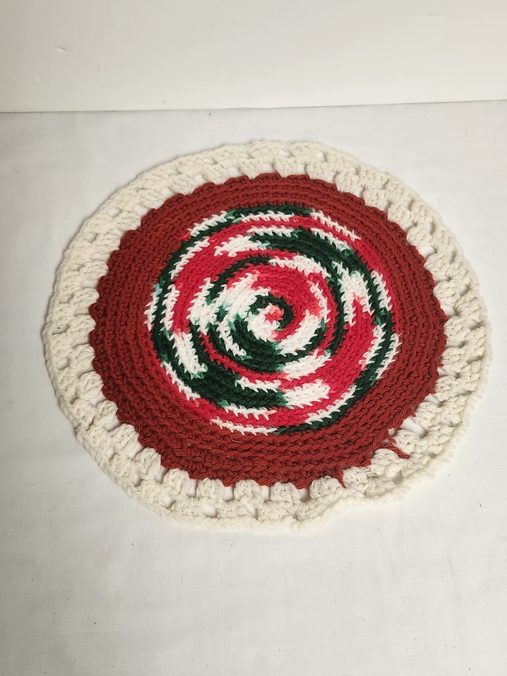 Handmade Crochet Round Trivet - Red, Green, White Swirl
